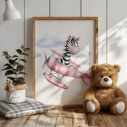 This charming illustration captures a whimsical moment of airborne delight as a cheerful zebra pilo… for nursery