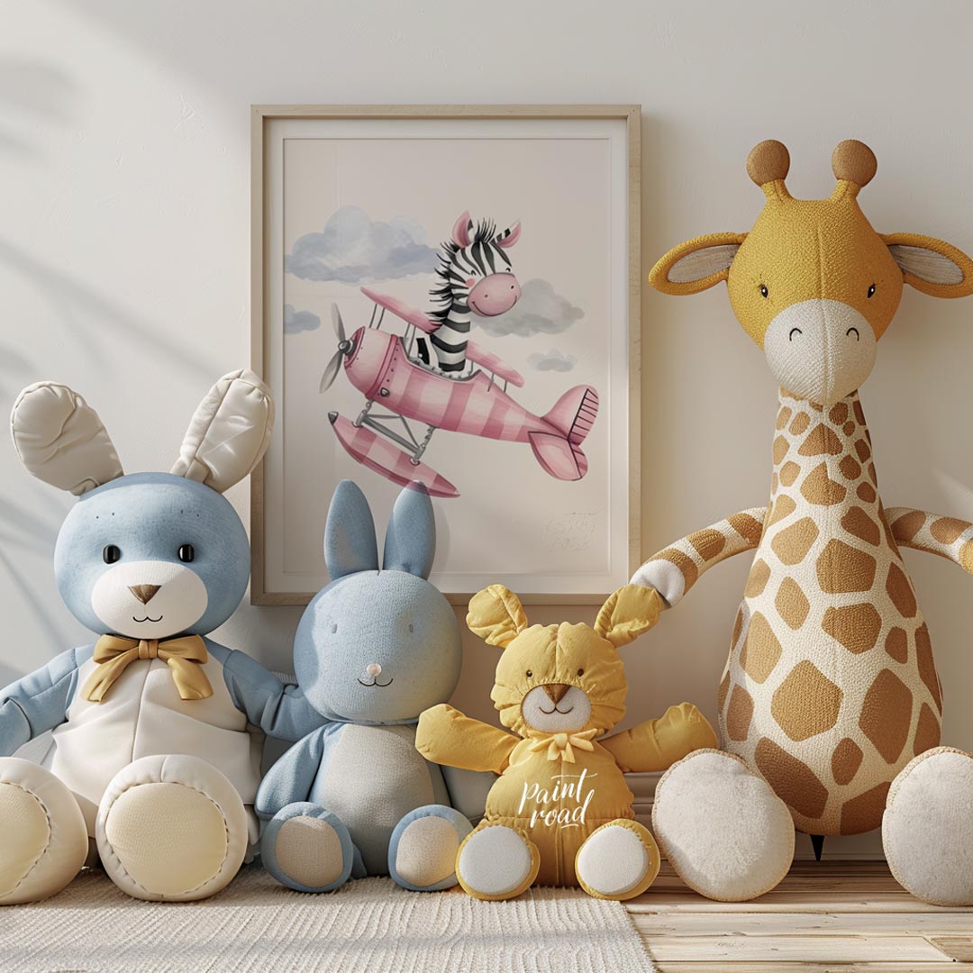 This charming illustration captures a whimsical moment of airborne delight as a cheerful zebra pilo… for nursery