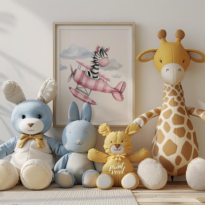 This charming illustration captures a whimsical moment of airborne delight as a cheerful zebra pilo… for nursery