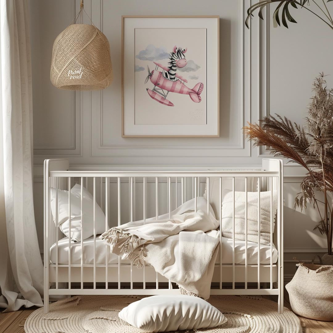 This charming illustration captures a whimsical moment of airborne delight as a cheerful zebra pilo… for nursery