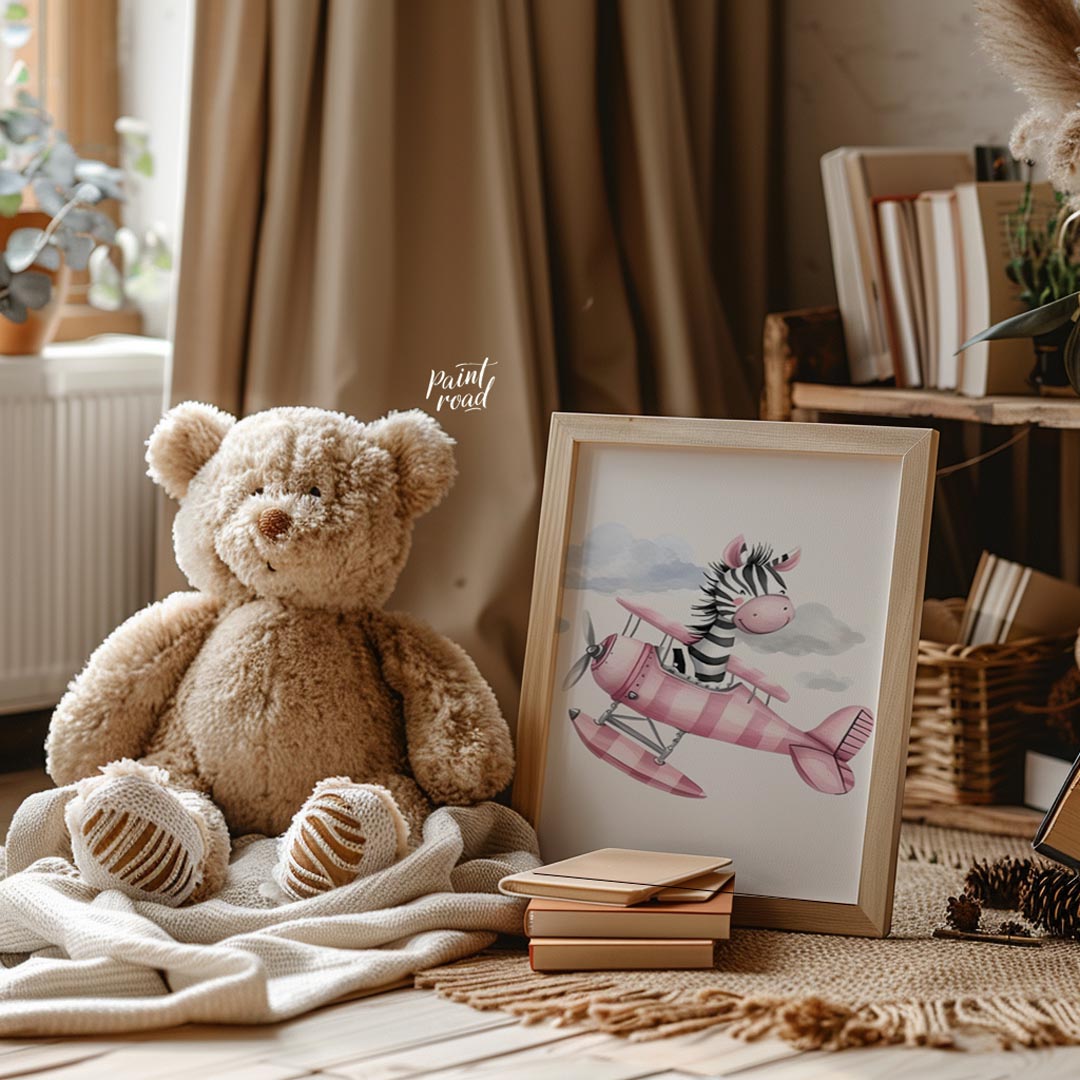 This charming illustration captures a whimsical moment of airborne delight as a cheerful zebra pilo… for nursery