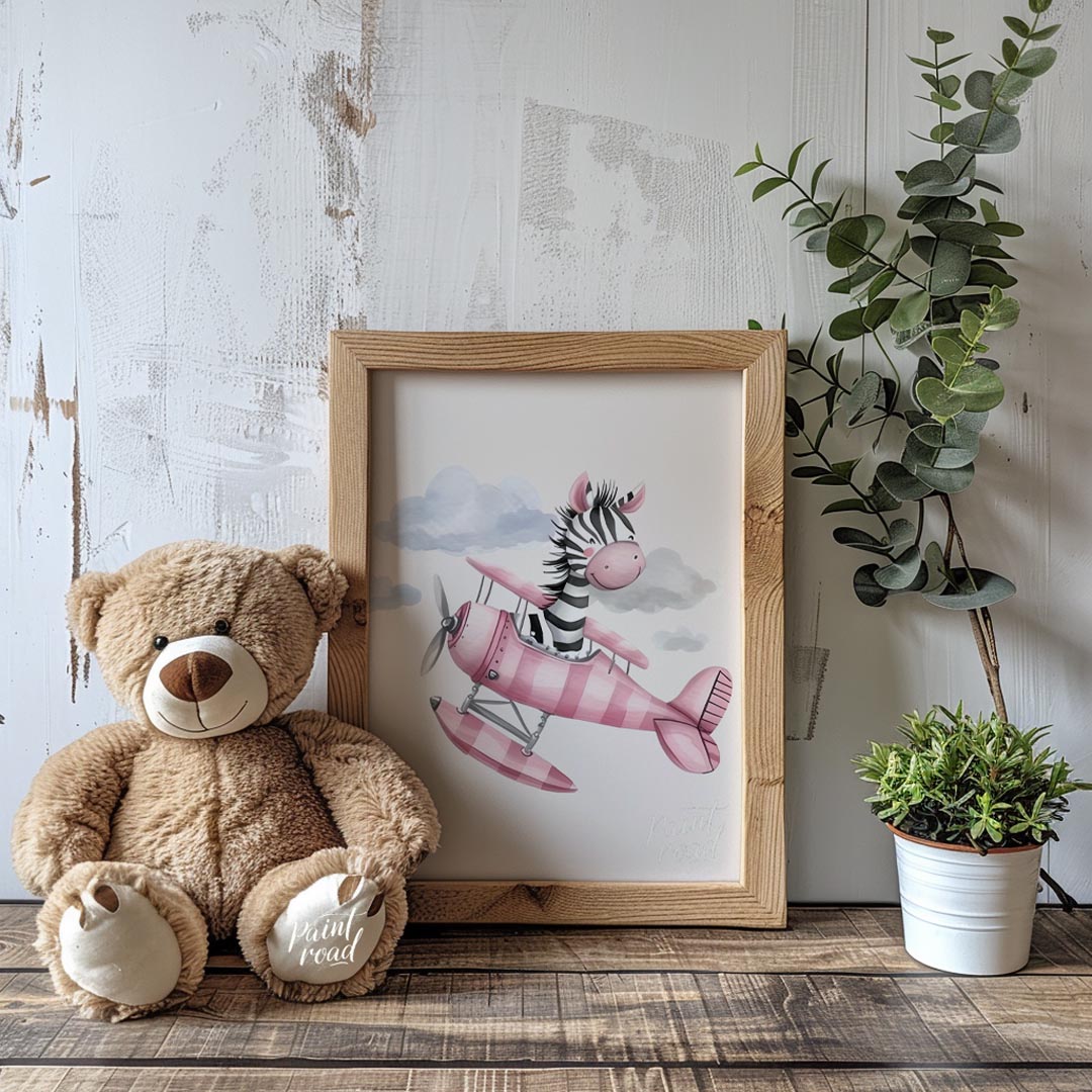 This charming illustration captures a whimsical moment of airborne delight as a cheerful zebra pilo… for nursery