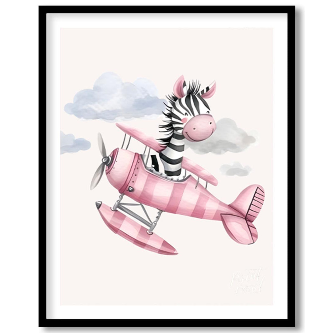 This charming illustration captures a whimsical moment of airborne delight as a cheerful zebra pilo… for room
