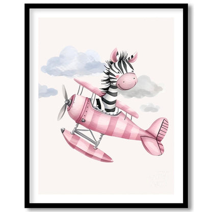 This charming illustration captures a whimsical moment of airborne delight as a cheerful zebra pilo… for room