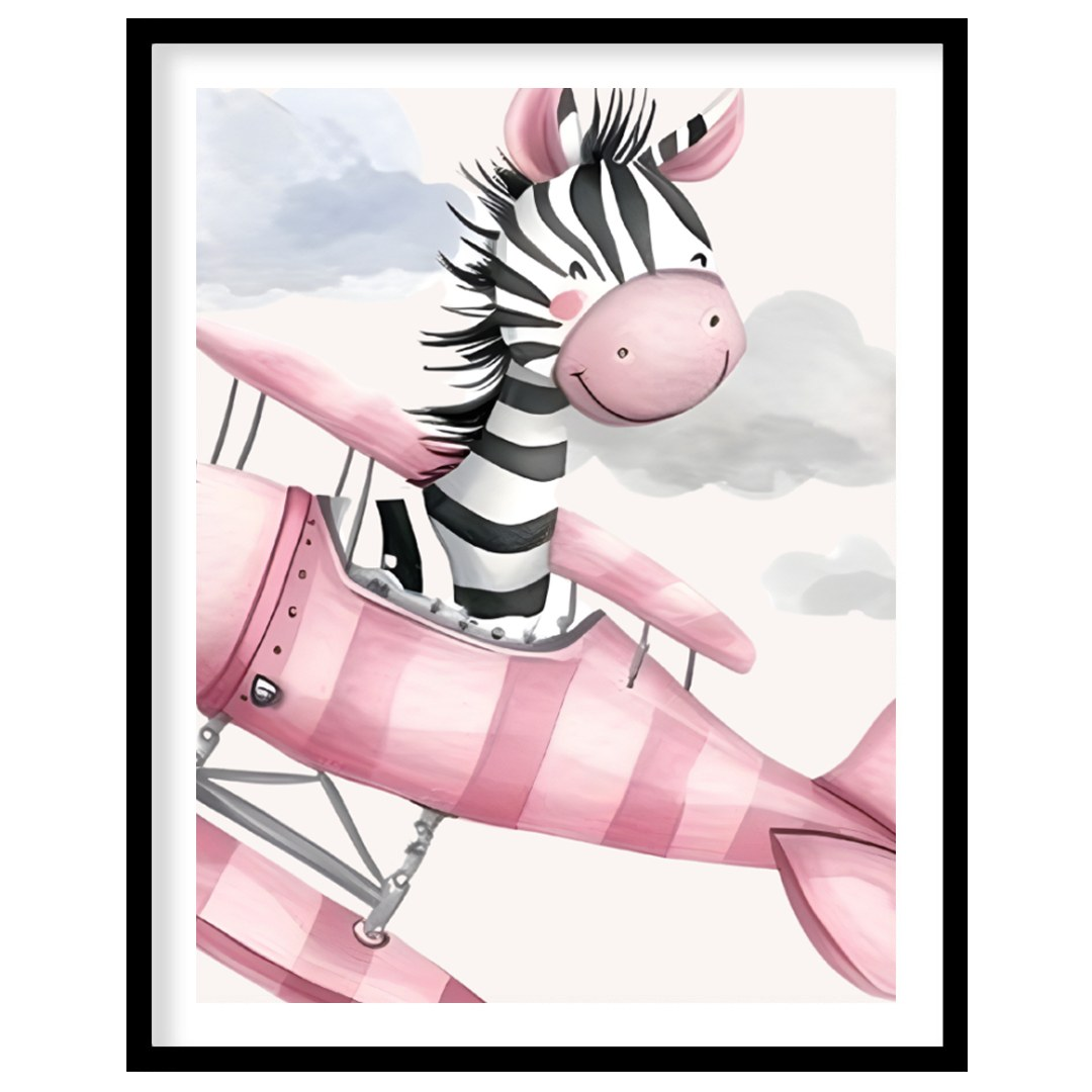 This charming illustration captures a whimsical moment of airborne delight as a cheerful zebra pilo… for room