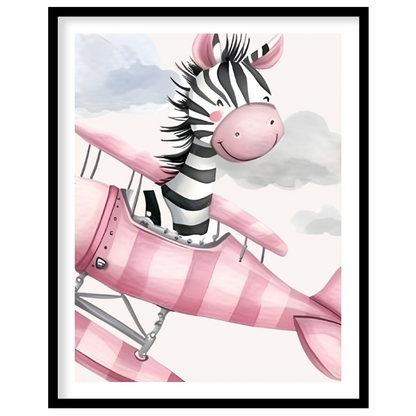 This charming illustration captures a whimsical moment of airborne delight as a cheerful zebra pilo… for room