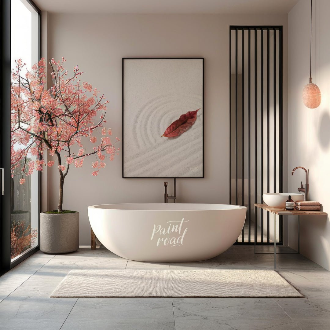 “Zen Leaf” captures a single, vibrant red autumn leaf resting delicately on a bed of pristine white… for bathroom