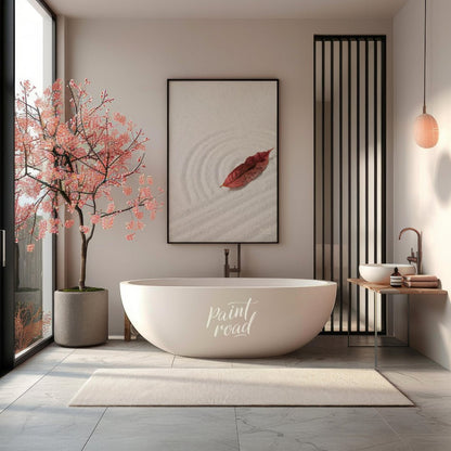 “Zen Leaf” captures a single, vibrant red autumn leaf resting delicately on a bed of pristine white… for bathroom