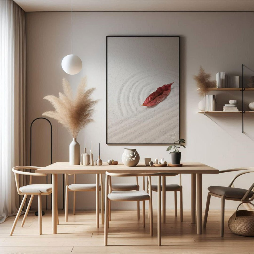 “Zen Leaf” captures a single, vibrant red autumn leaf resting delicately on a bed of pristine white… for dining room