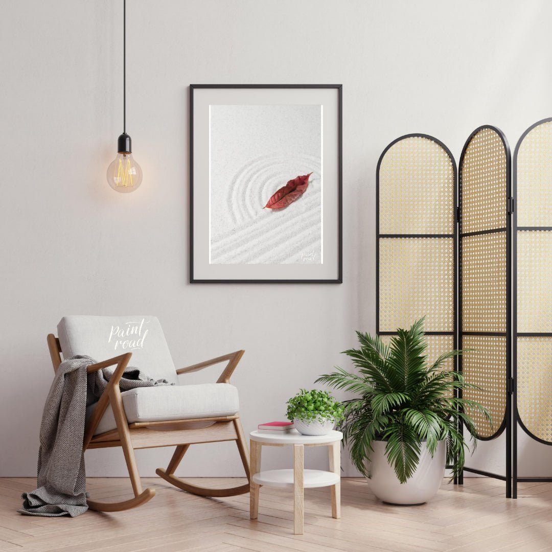 “Zen Leaf” captures a single, vibrant red autumn leaf resting delicately on a bed of pristine white… for living room