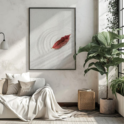 “Zen Leaf” captures a single, vibrant red autumn leaf resting delicately on a bed of pristine white… for living room