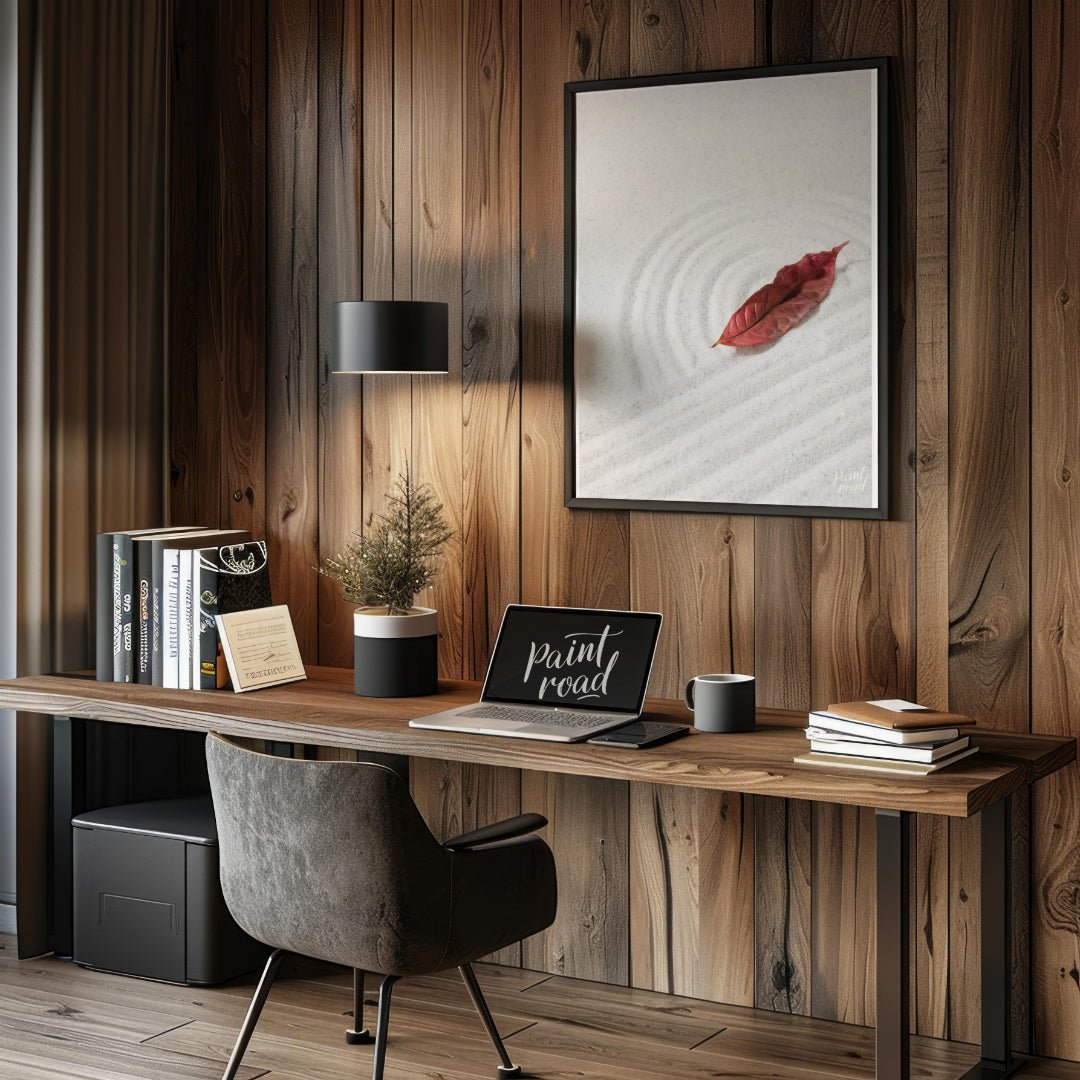 “Zen Leaf” captures a single, vibrant red autumn leaf resting delicately on a bed of pristine white… for office