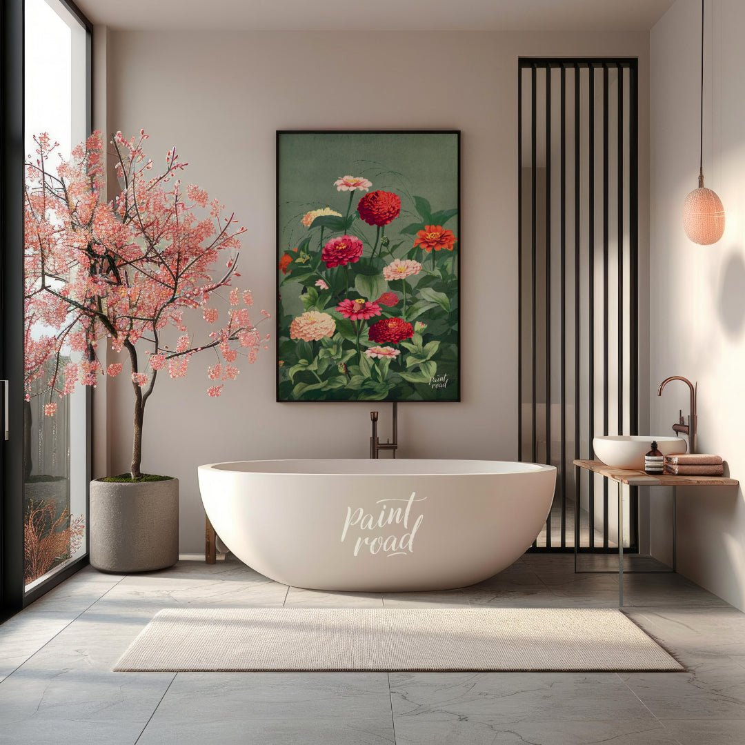 This elegant botanical illustration showcases a lush cluster of Zinnia flowers in varying shades of… for bathroom