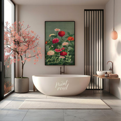 This elegant botanical illustration showcases a lush cluster of Zinnia flowers in varying shades of… for bathroom