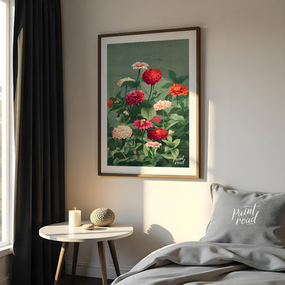 This elegant botanical illustration showcases a lush cluster of Zinnia flowers in varying shades of… for bedroom