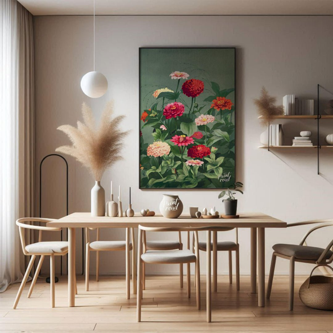 This elegant botanical illustration showcases a lush cluster of Zinnia flowers in varying shades of… for dining room