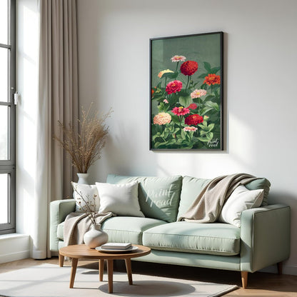 This elegant botanical illustration showcases a lush cluster of Zinnia flowers in varying shades of… for living room