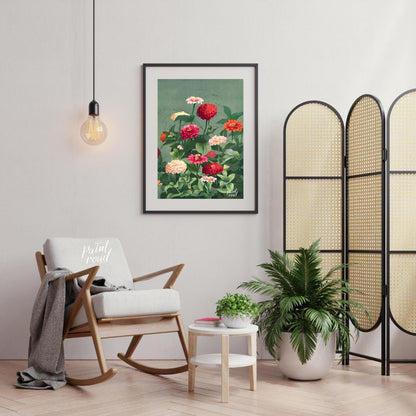 This elegant botanical illustration showcases a lush cluster of Zinnia flowers in varying shades of… for living room