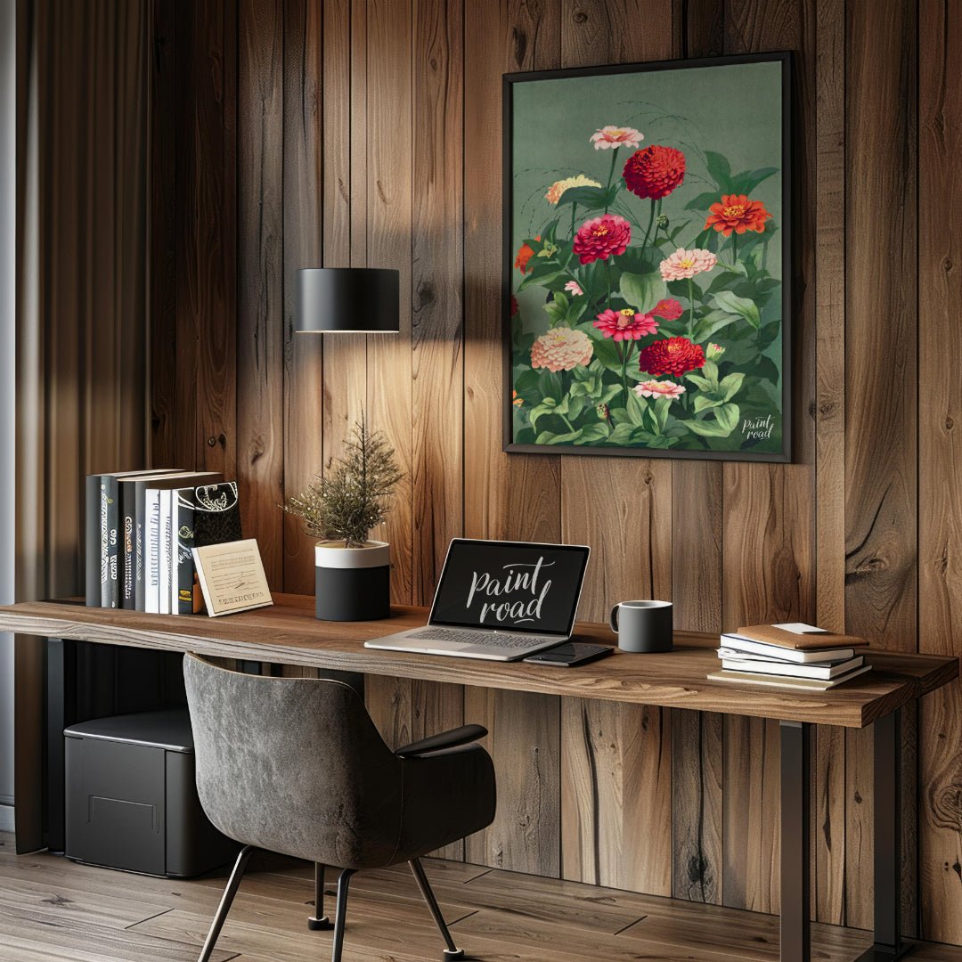 This elegant botanical illustration showcases a lush cluster of Zinnia flowers in varying shades of… for office