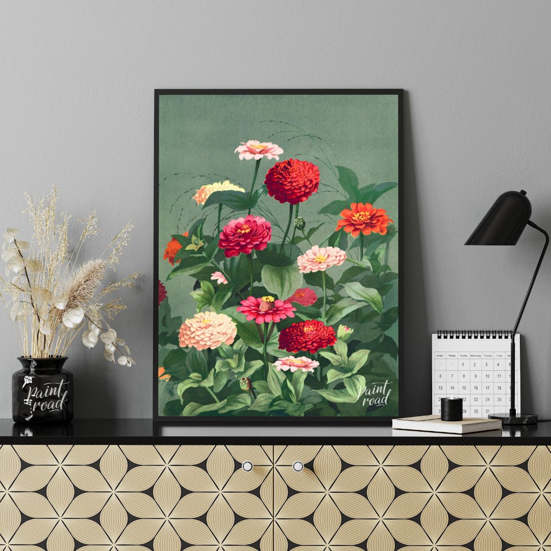 This elegant botanical illustration showcases a lush cluster of Zinnia flowers in varying shades of… for office