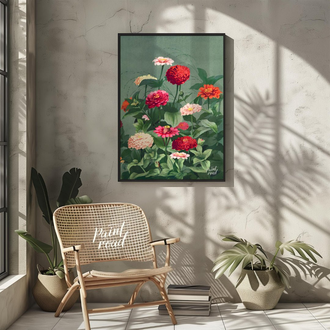 This elegant botanical illustration showcases a lush cluster of Zinnia flowers in varying shades of… for other