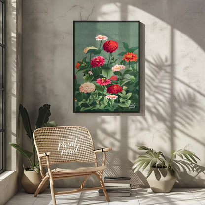 This elegant botanical illustration showcases a lush cluster of Zinnia flowers in varying shades of… for other